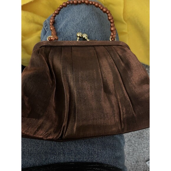 NYLITES by La Regale Dressy Satin Evening Bag Beaded Drop Handle Small Brown - Picture 1 of 5